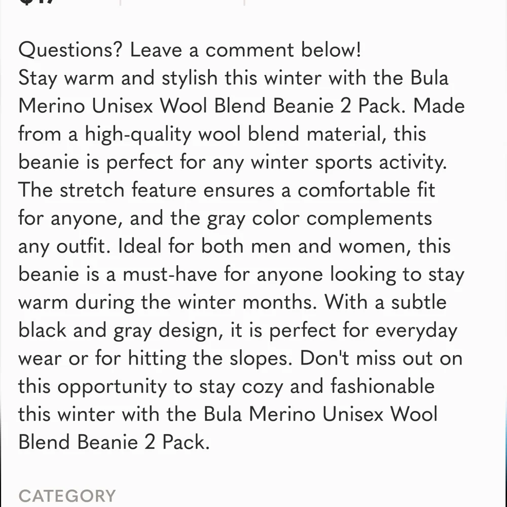 Bula Merino Wool blend Beanie black/Grey cap hat warm outerwear OS